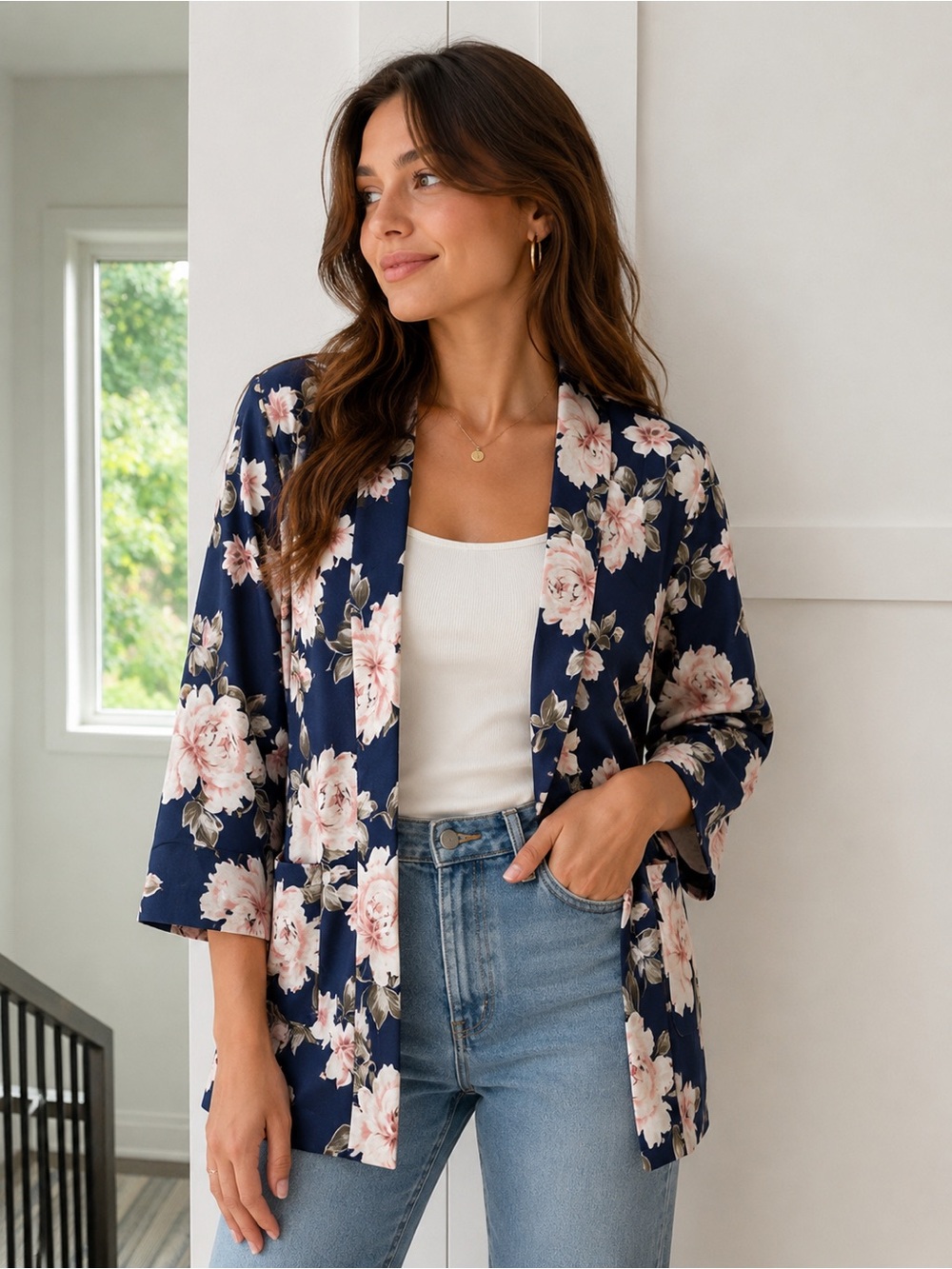 Dynamite Navy Floral Blazer Medium